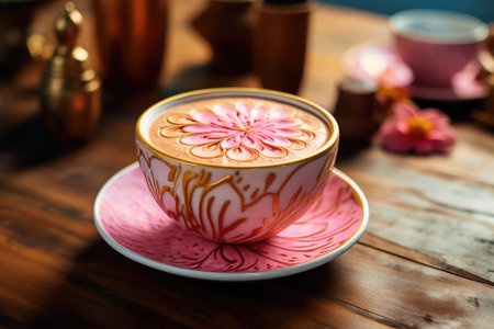 Coffee cup with latte art on wooden table, stock photoの素材