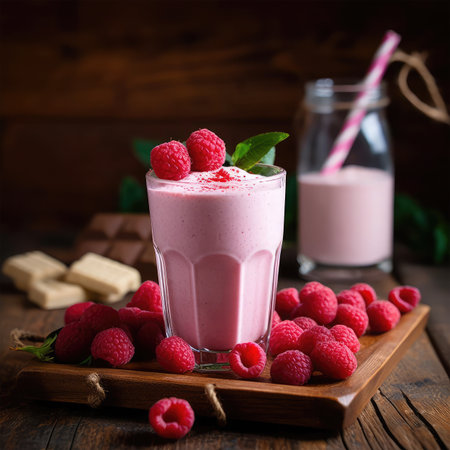 Raspberry milkshake with fresh raspberries on a rustic wooden background.の素材