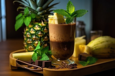 Chocolate smoothie with pineapple, banana and chocolate in a glassの素材