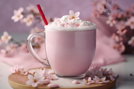 Cup of tasty milk shake with cherry blossoms on table, closeupの素材