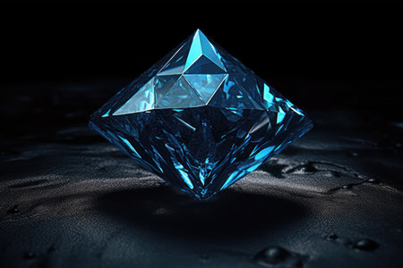 Blue diamond on black background. 3d illustration. Horizontal.の素材