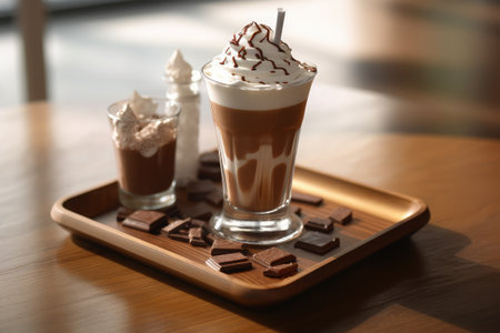 Coffee with whipped cream and chocolate on wooden table in cafeの素材