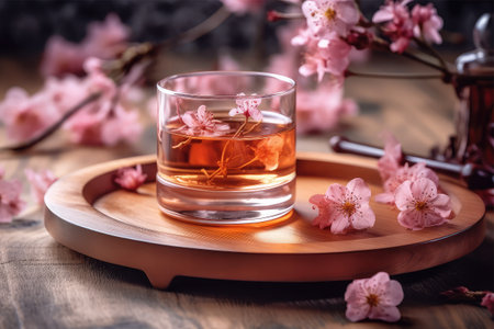 Glass of whiskey with pink sakura blossoms on a wooden trayの素材