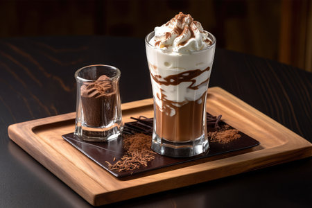 Iced coffee with whipped cream and chocolate on a wooden table.の素材