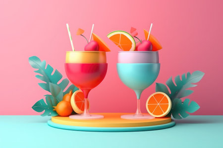 Colorful summer cocktails with fruits on a pink background. 3d renderingの素材