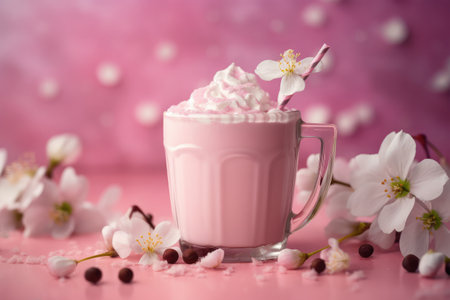 Cup of hot chocolate with whipped cream and spring flowers on pink backgroundの素材