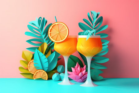 Tropical cocktail on colorful background. 3d render illustration.の素材