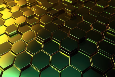 3d rendering of abstract metallic background with hexagons in green and yellowの素材