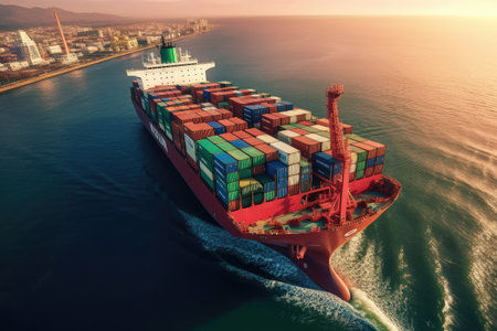 Container Cargo freight ship with working crane bridge for Logistic Import Export background.の素材