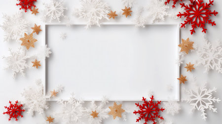 Christmas background with white paper snowflakes and white frame for textの素材