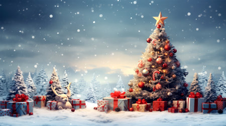 Christmas background with Christmas tree, gifts and deer. 3d renderingの素材