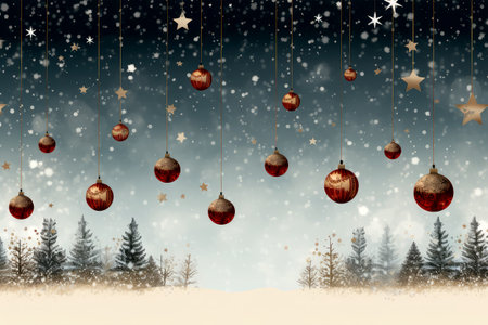 Digital composite of Christmas baubles against snowy landscape with fir treesの素材