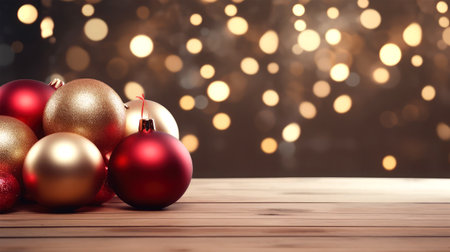 Christmas background with baubles on wooden table. 3d renderの素材
