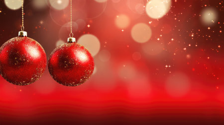 Christmas background with red balls on abstract red bokeh background.の素材