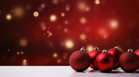 Red christmas baubles on a red bokeh backgroundの素材