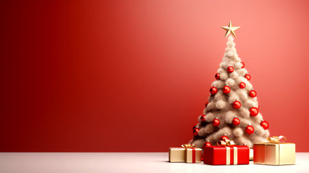 Christmas tree with gifts on a red background. 3d illustration.の素材