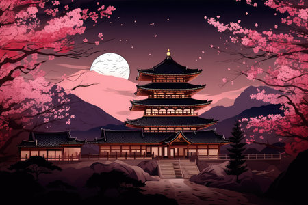 Vector illustration of a Japanese temple with cherry blossom and full moonの素材