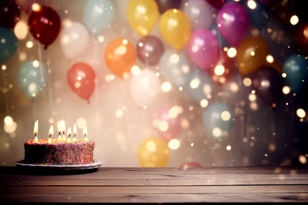 Birthday cake with candles on wooden table over bokeh backgroundの素材