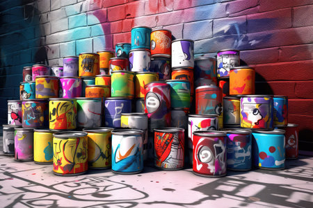 Paint cans in front of a graffiti wall. 3d renderの素材