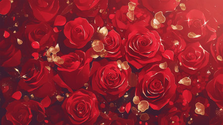 Red roses with hearts. Valentines day background. 3D illustrationの素材