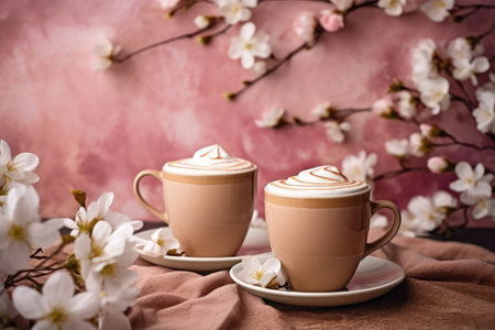 Two cups of cappuccino with whipped cream and sakura flowers on pink backgroundの素材