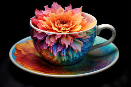 Cup of coffee with multicolored dahlia on black backgroundの素材