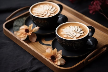 Two cups of coffee with marshmallow on a wooden tray on a black background.の素材