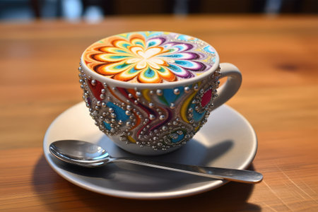 cup of coffee on the wooden table in the cafe, latte artの素材
