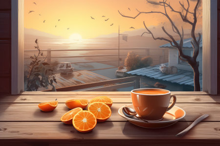 Cup of coffee and orange slices on wooden table near swimming pool at sunsetの素材