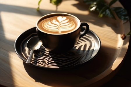 Cup of cappuccino with latte art on wooden tableの素材