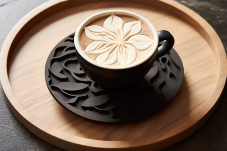 Cup of coffee with beautiful latte art on wooden tray, closeupの素材