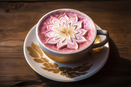 Cup of hot latte art coffee with flower on wooden tableの素材