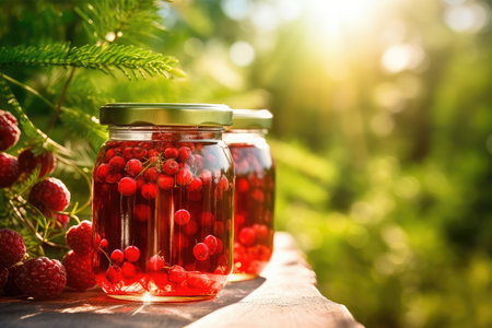 Cranberry jam in a glass jar on a wooden table in the gardenの素材