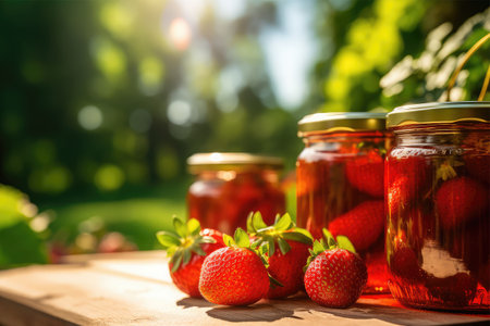 Strawberry jam in glass jars on wooden table in garden.の素材
