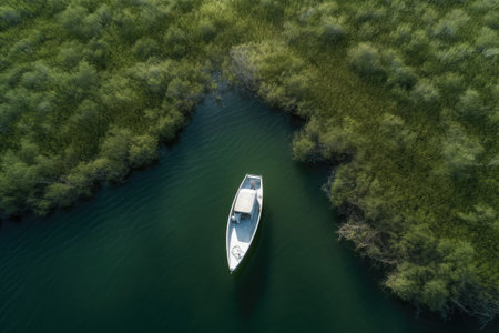 Aerial view of a small boat on the lake. Beautiful summer landscape.の素材