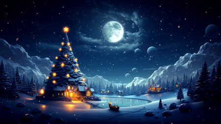 Christmas and New Year background with Christmas tree, houses and moon.の素材