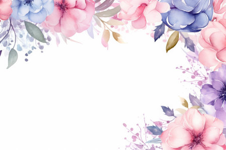 Hand drawn watercolor floral card with pink and blue flowers on white backgroundの素材