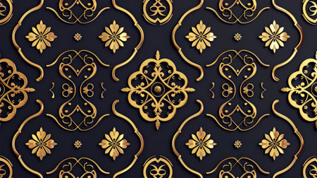 Seamless pattern with gold ornament on a black background. 3D illustration.の素材