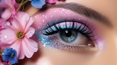 Close-up portrait of a beautiful girl with bright makeup and flowers in her hairの素材