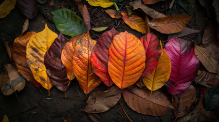 Colorful autumn leaves on the ground in the forest, Thailand.の素材