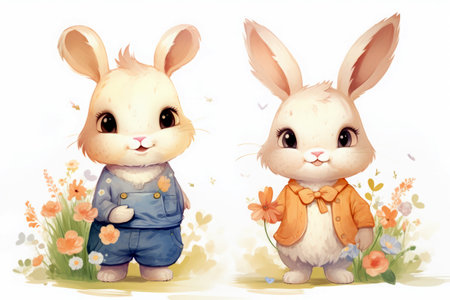 Cute rabbits in a field of flowers. Cartoon vector illustration.の素材