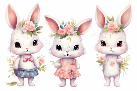 Cute cartoon rabbits with floral wreaths. Watercolor illustration.の素材
