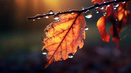 Autumn leaf with drops of dew on a blurred background.の素材