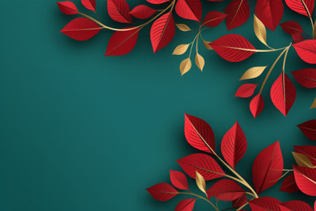 Red leaves on green background with copy space. Vector Illustration.の素材