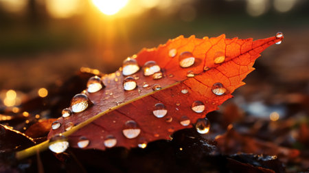 Autumn leaves with drops of water on the background of the setting sunの素材