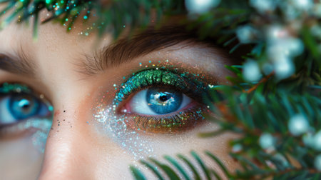 Close up portrait of beautiful young woman with christmas make-up and green eyesの素材