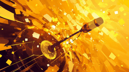 3d rendering of a microphone on abstract yellow background with lights effectsの素材