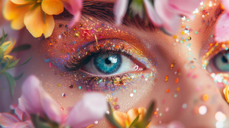 Close-up portrait of a beautiful girl with bright make-up and flowersの素材