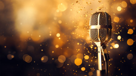 Retro microphone on stage with bokeh background. Music conceptの素材