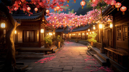 Korean traditional architecture and red paper lanterns at night in Hangzhouの素材